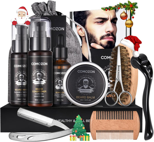 Complete 12-in-1 Men's Beard Care Kit with Beard Roller, Beard Oil, Shampoo, Creams, Comb, Scissors, Brush, Razor, and 10 Blades