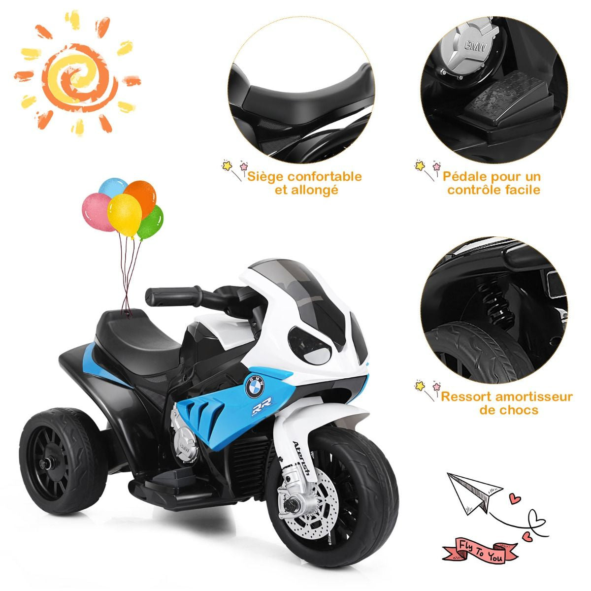 Moto Electrique Pour Enfants À 3 Roues Avec Phare Lumineux Musiques 6 V / 4Ah 2,5 Km/H Pour Garçons Et Filles 18-36 Mois Bleu/Noir/Rouge